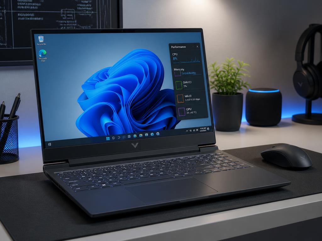 Notebook formatado com área de trabalho limpa e monitor de performance