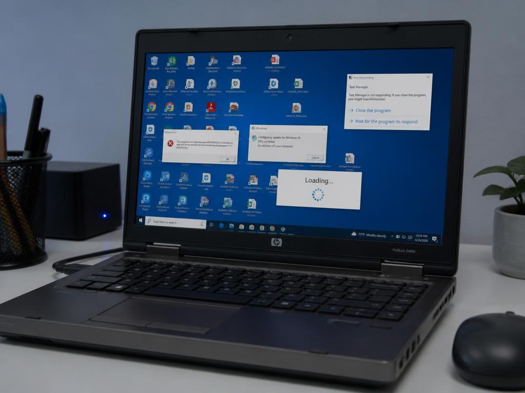 Notebook lento com área de trabalho bagunçada e janelas de erro