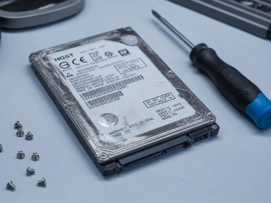 HD mecânico antigo em bancada de trabalho